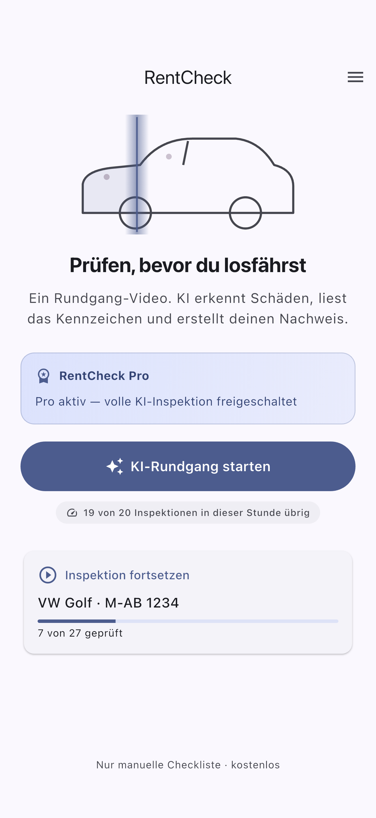AI-RentalCarCheck home screen