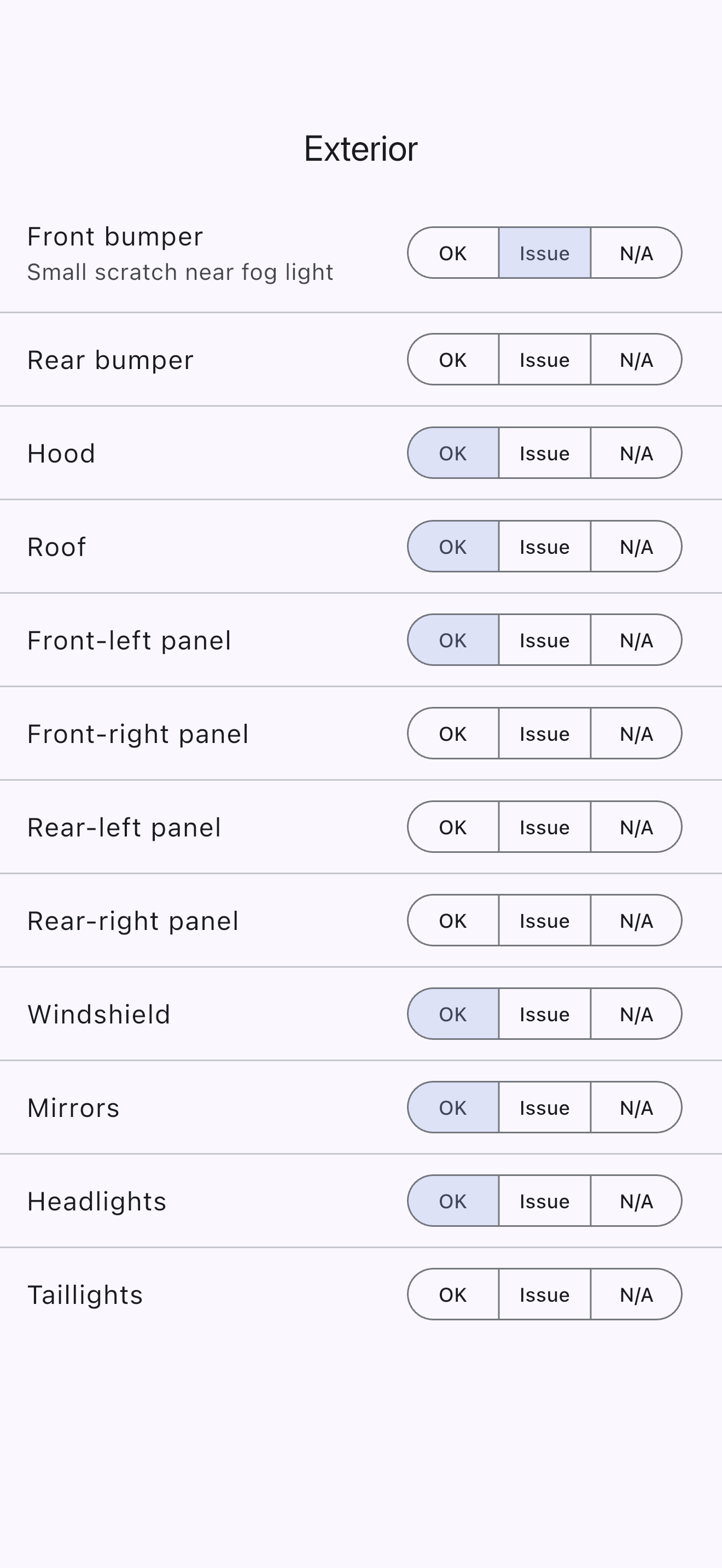 Exterior checklist with damage triage